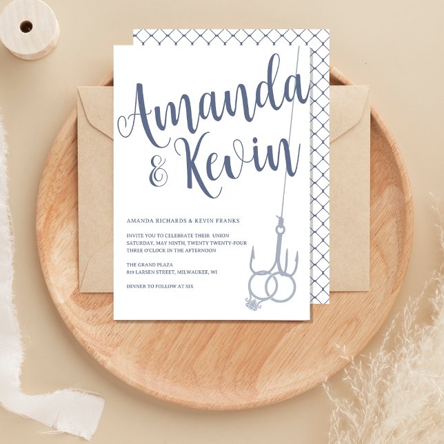 Simple Modern Fishing Hook Wedding Rings Blue Grey Invitation (Creator Uploaded)