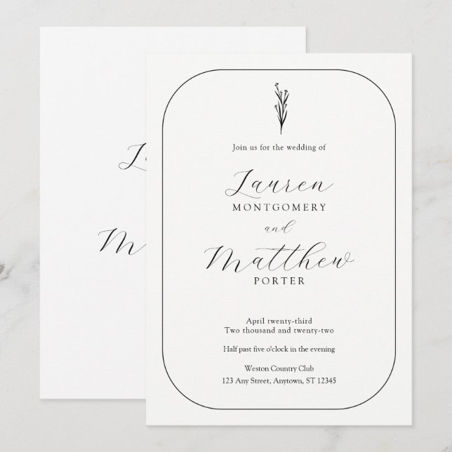 Simple Modern Floral Black and White Wedding Invitation (Front/Back)