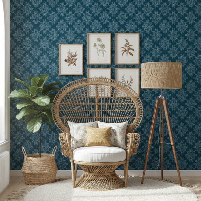 Simple Modern Floral Damask Pattern Dark Blue Wallpaper (Creator Uploaded)