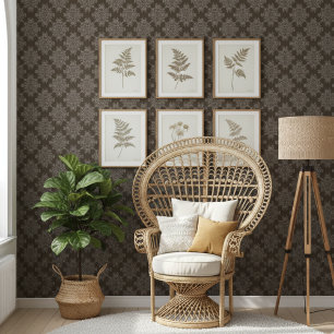 Simple Modern Floral Damask Pattern Dark Brown Wallpaper
