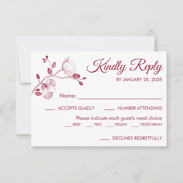 Simple modern floral elegant orchids meal choice RSVP card (Front)
