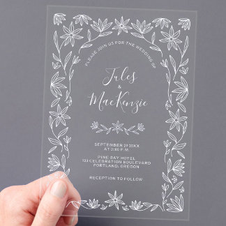 Simple Modern Floral Line Art White Wedding Acrylic Invitations
