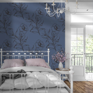 Simple Modern Floral Pattern Dark Blue Wallpaper