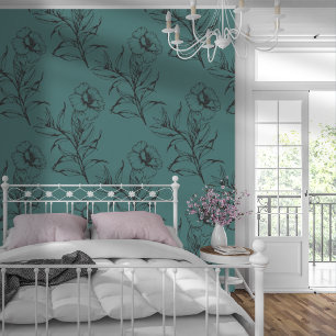 Simple Modern Floral Pattern Dusty Teal Wallpaper