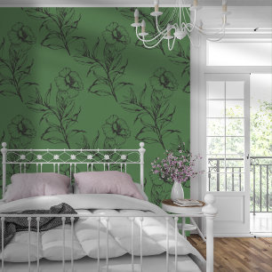 Simple Modern Floral Pattern Olive Green Wallpaper