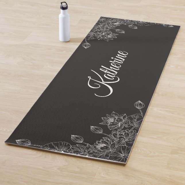 Simple Modern Floral Script Name Grey Lotus  Yoga Mat (In Situ)