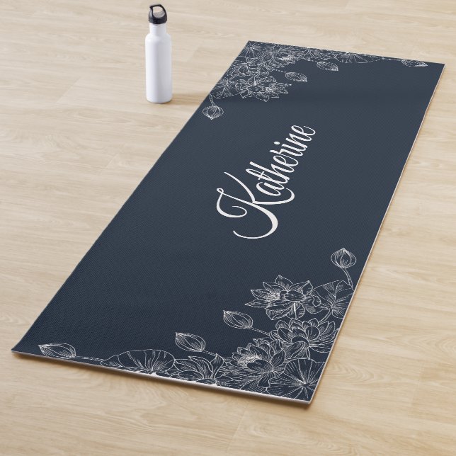 Simple Modern Floral Script Name Navy Blue Lotus  Yoga Mat (In Situ)