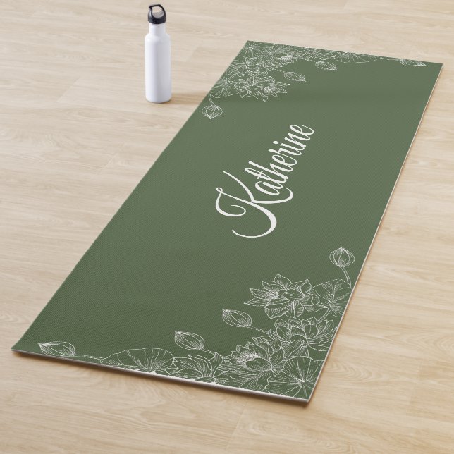 Simple Modern Floral Script Name Olive Green Lotus Yoga Mat (In Situ)