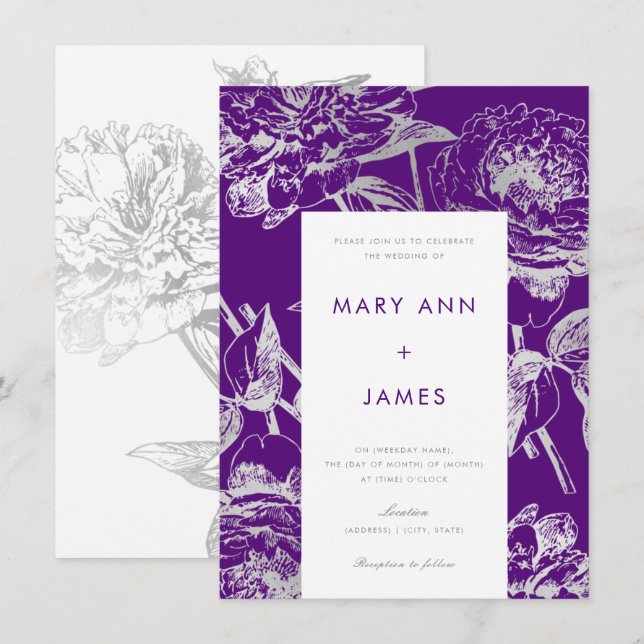 Simple Modern Floral Wedding Silver Purple Invitation (Front/Back)