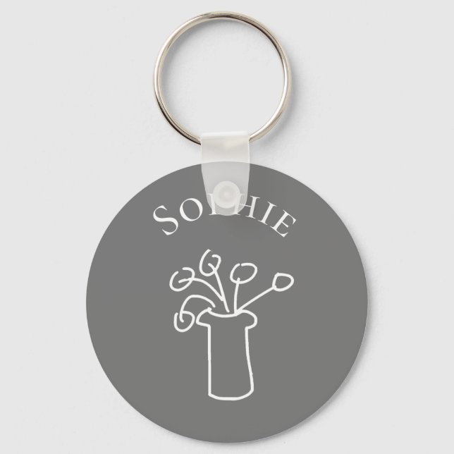 Simple modern flower white personal name key ring (Front)