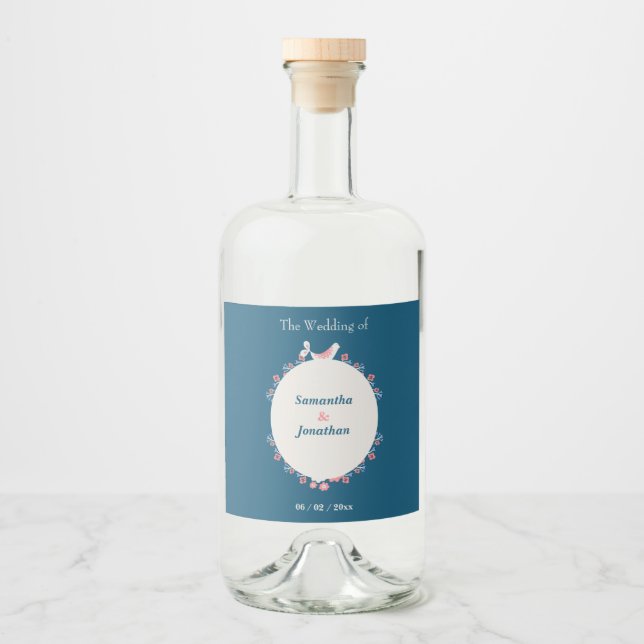 Simple Modern Folk Style Blue Wedding Liquor Bottle Label (Front)