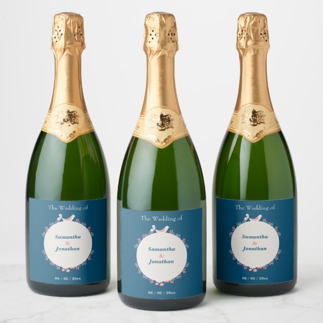 Simple Modern Folk Style Blue Wedding Sparkling Wine Label (Bottles)