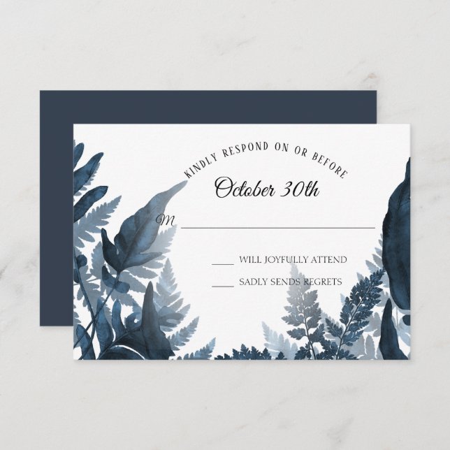 Simple Modern Forest Fern Blue and White RSVP Invitation (Front/Back)