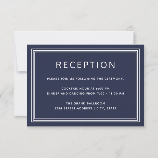 Simple Modern Frame Elegant Navy Reception Card (Front)