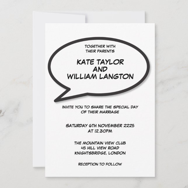 Simple Modern Fun Comic Black and White Wedding Invitation (Front)
