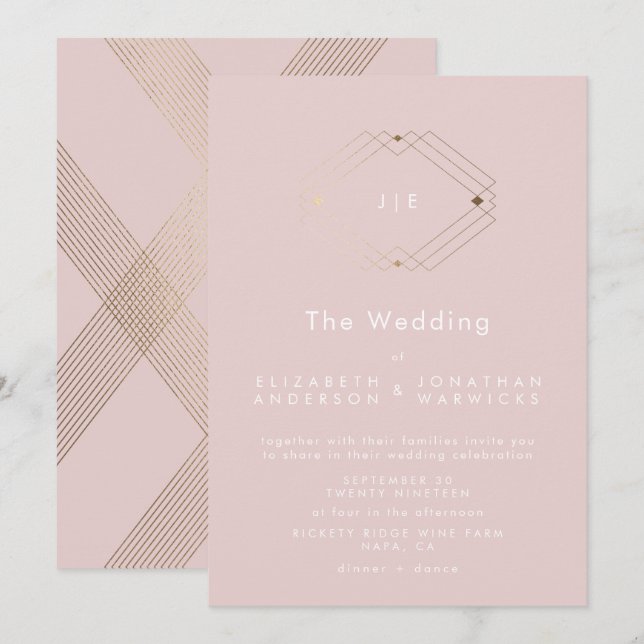 Simple Modern Geometric Gold Blush Pink Wedding Invitation (Front/Back)