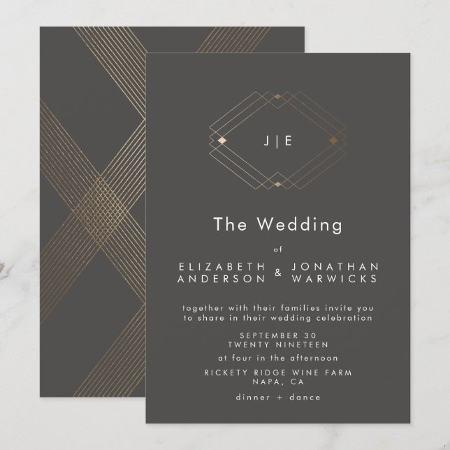 Simple Modern Geometric Gold Charcoal Wedding Invitation (Front/Back)
