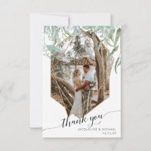 Simple Modern Geometric Gold Leaf Foliage Photo Thank You Card