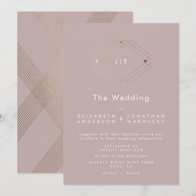 Simple Modern Geometric Gold Taupe Musk Wedding Invitation (Front/Back)