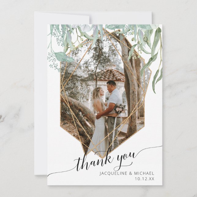 Simple Modern Geometric Rose Gold Foliage Photo Thank You Card (Front)