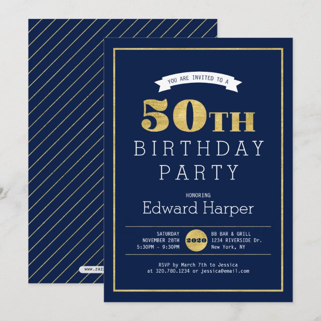 Simple Modern Gold 50th Birthday Party Invitation (Front/Back)