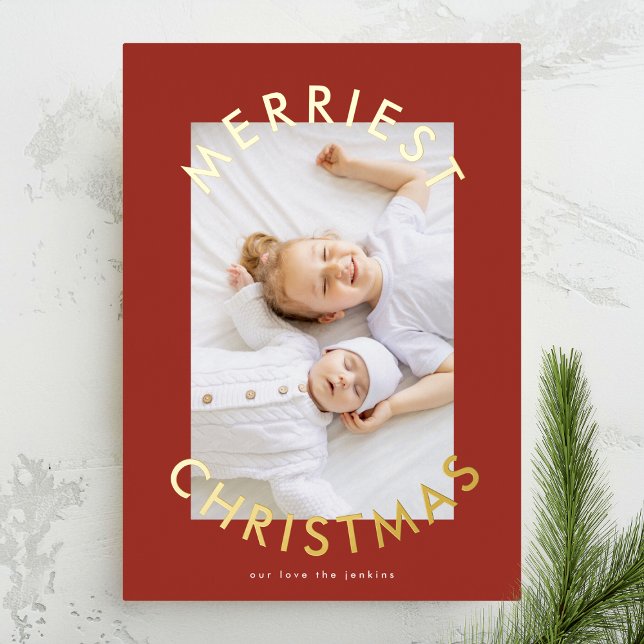 Simple Modern Gold Bold Merriest Christmas Photo Foil Holiday Card (Creator Uploaded)