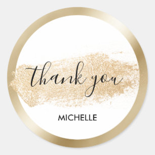 Simple modern gold brush stroke thank you classic round sticker