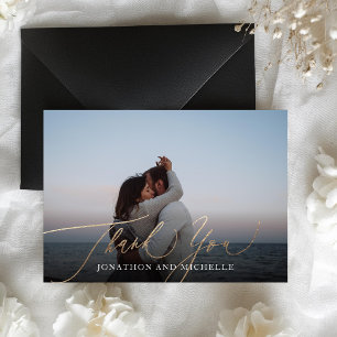 Simple Modern Gold Calligraphy Wedding Photo Thank You Card
