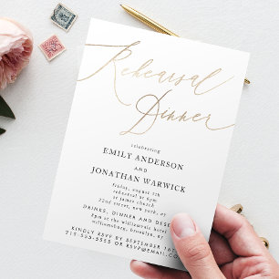 Simple Modern Gold Calligraphy Wedding Rehearsal Invitation