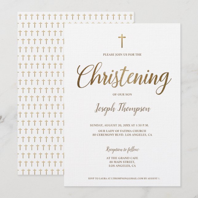 Simple Modern Gold Cross boy Christening Invitation (Front/Back)