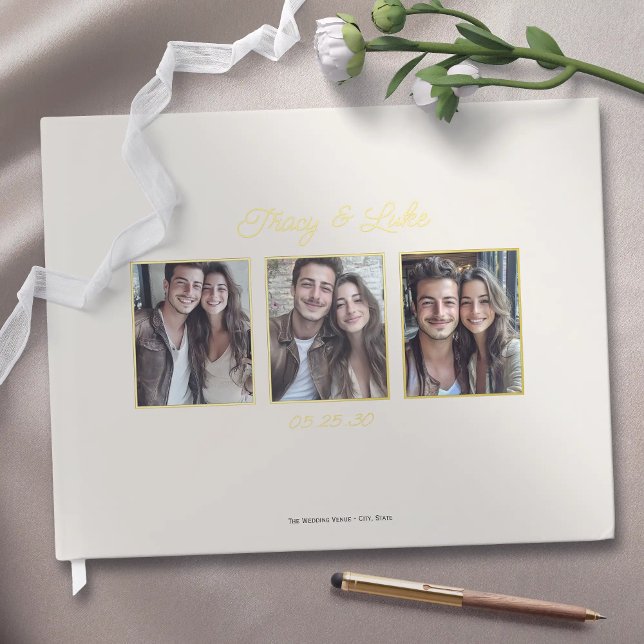Simple Modern Gold Frame with Three Couple Photos  Guest Book (Simple Modern Gold Frame with Three Couple Photos Wedding Guest book. Elegant guestbook for wedding.)