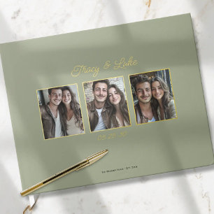 Simple Modern Gold Frame with Three Couple Photos  Guest Book