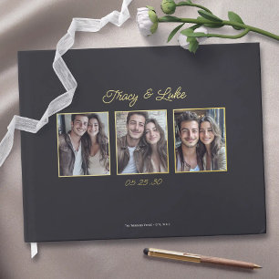 Simple Modern Gold Frame with Three Couple Photos  Guest Book