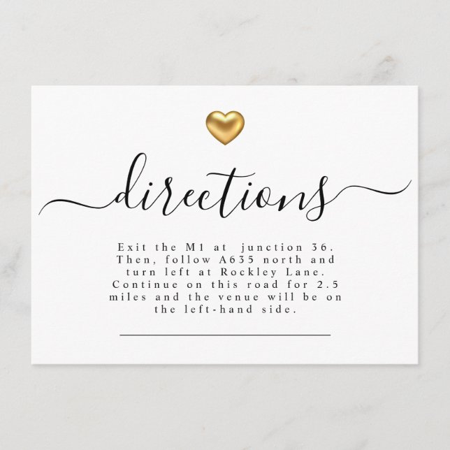Simple Modern Gold Heart Wedding Directions Enclosure Card (Front)