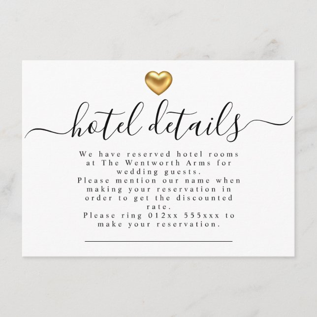 Simple Modern Gold Heart Wedding Hotel Details Enclosure Card (Front)