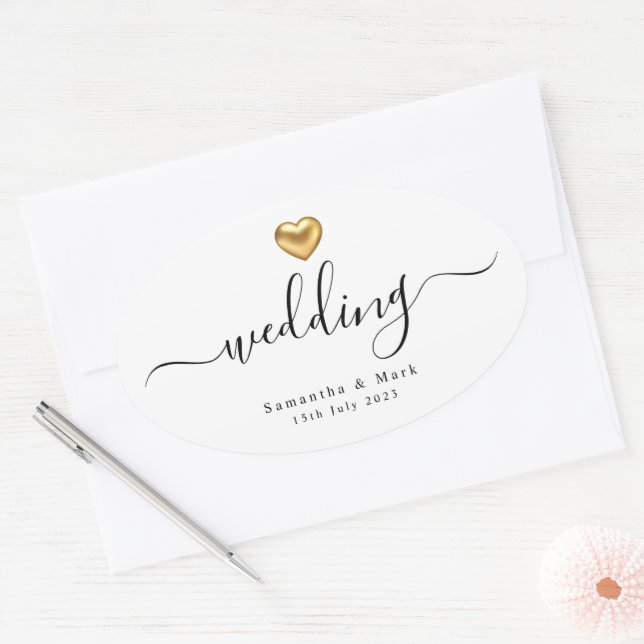 Simple Modern Gold Heart Wedding Oval Sticker (Envelope)
