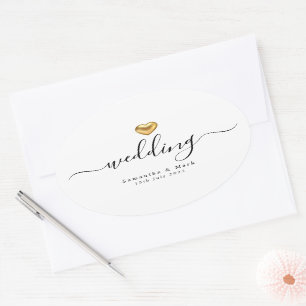 Simple Modern Gold Heart Wedding Oval Sticker