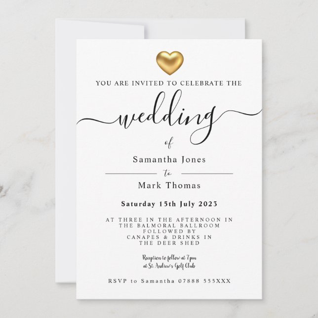 Simple Modern Gold Heart Wedding Stationery Invitation (Front)