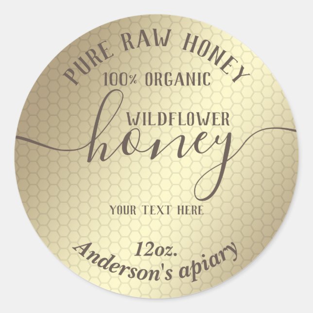 Simple modern gold  honey comb honey jar classic round sticker (Front)