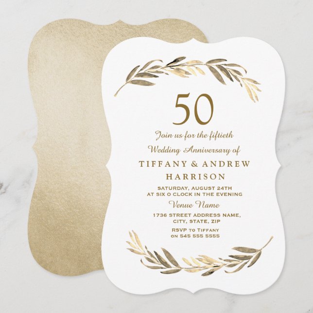 Simple Modern Gold Leaf 50th Wedding Anniversary Invitation (Front/Back)