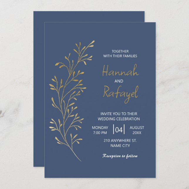 Simple Modern Gold Leaf Blue Wedding Invitation (Front/Back)