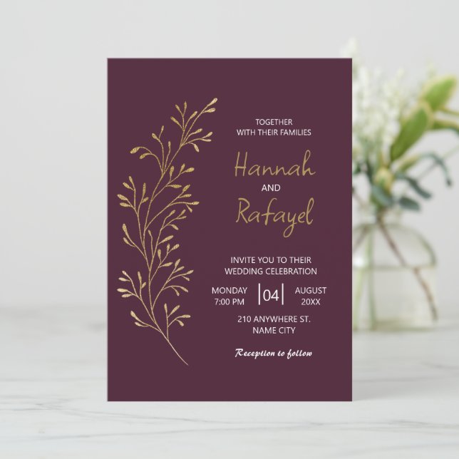 Simple Modern Gold Leaf Burgundy Wedding Invitation (Standing Front)