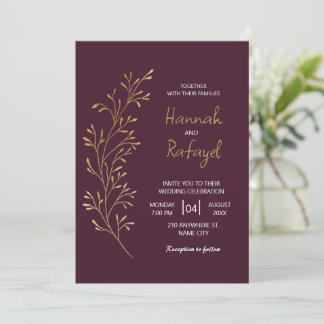 Simple Modern Gold Leaf Burgundy Wedding Invitation