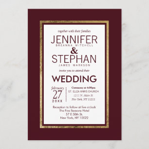 Simple Modern Gold Lined Burgundy Red Wedding Invitation