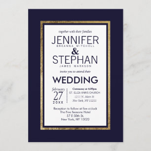 Simple Modern Gold Lined Navy Blue Wedding Invitation