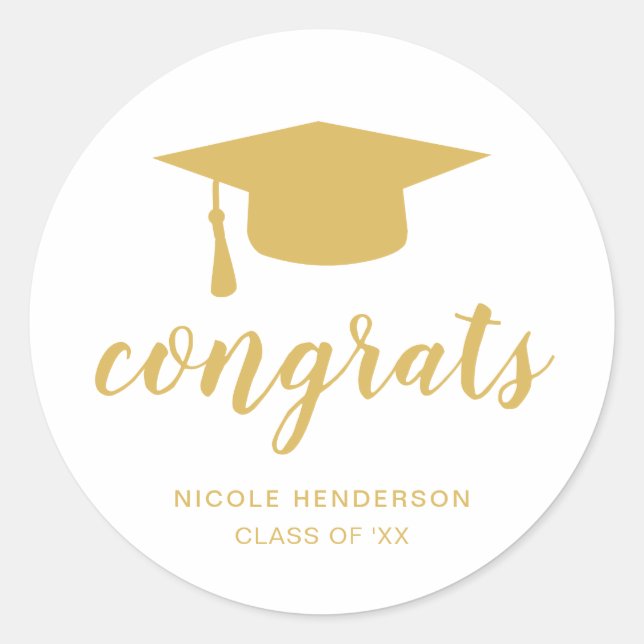 Simple Modern Gold Mortar Board Elegant Graduation Classic Round Sticker (Front)