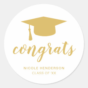 Simple Modern Gold Mortar Board Elegant Graduation Classic Round Sticker
