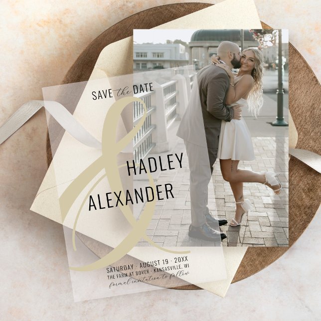 Simple Modern GOLD Overlay Wedding Save the Date Vellum Invitations (Simple elegant script champagne gold ampersand modern vellum overlay cute wedding save the date card)