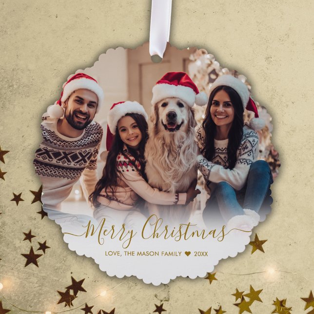 Simple Modern Gold Script 2 Photo Christmas Tree Decoration Card (Creator Uploaded)