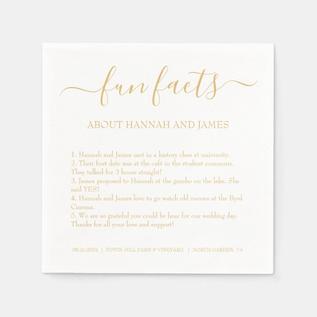 Simple Modern Gold  Script Fun Facts Wedding Napkin (Front)